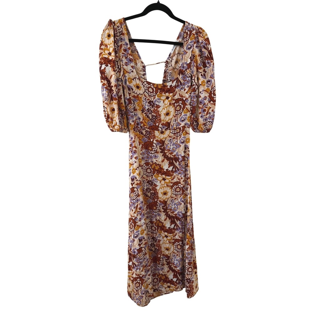 Boho Floral Midi Dress‎ Brown Orange Retro 70s Open Back Puff Sleeve Small